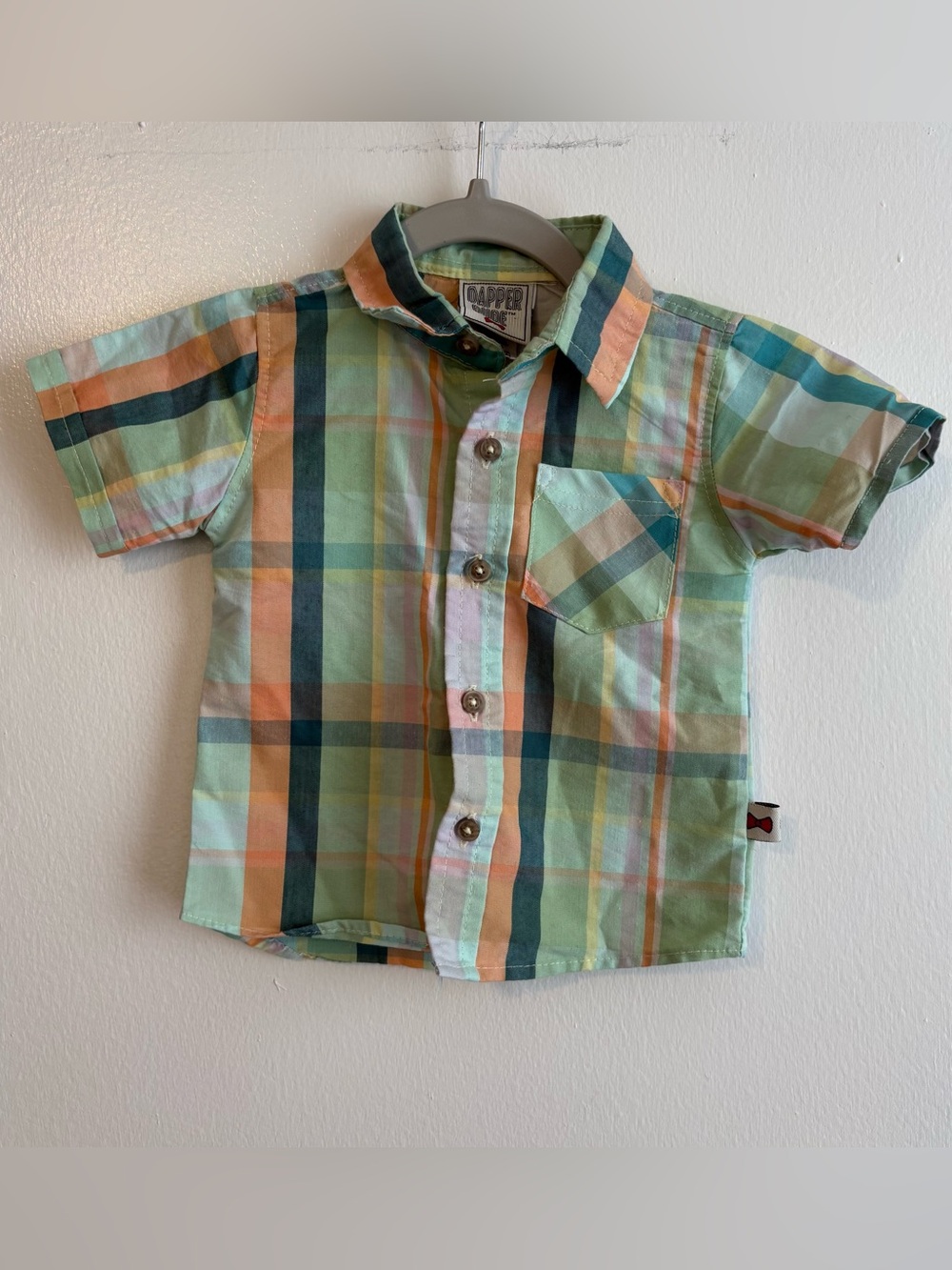 Dapper Dude Boys Mint & Orange Plaid Button-Up Shirt Lightweight size 12 months